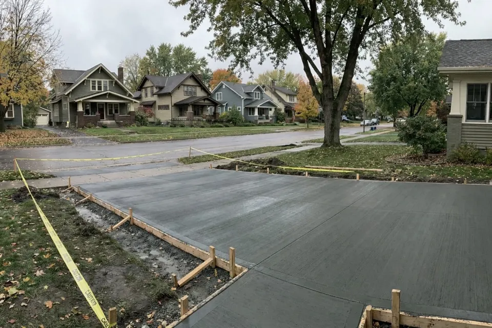 Residential driveway freshly poured with the forms still in place